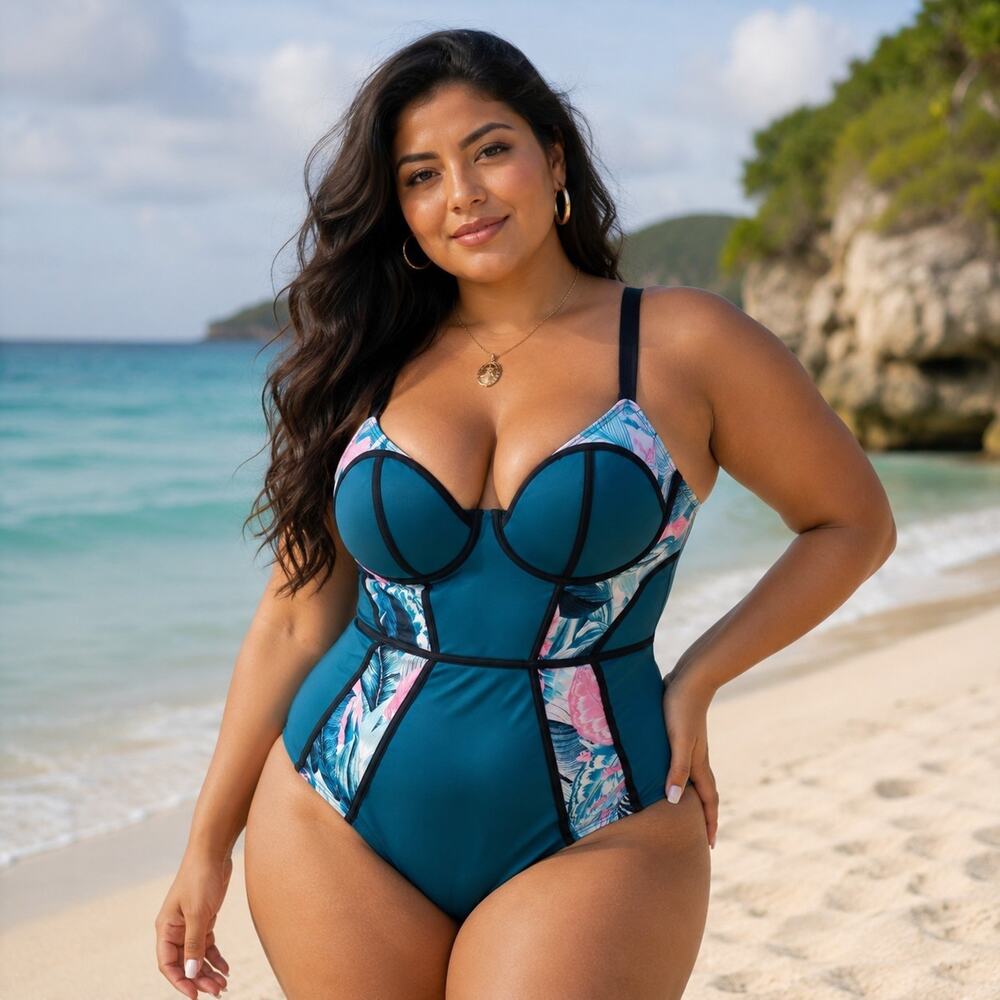Torrid Teal Blue Palm Print Underwire One-Piece Plus Size Swimsuit SZ 1 D/DD